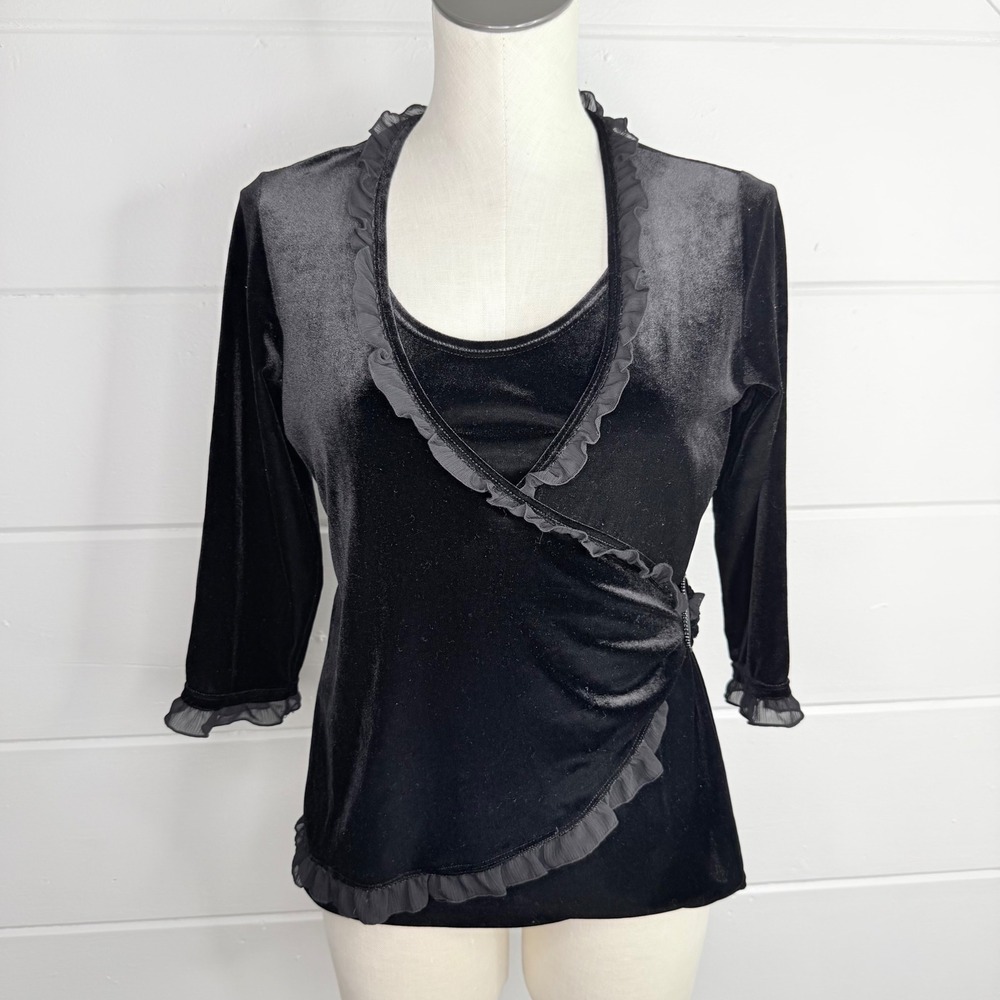 Velour Whimsygoth Y2K Shirt Black 3/4 Sleeve Notations Petite Medium V Neck Wrap